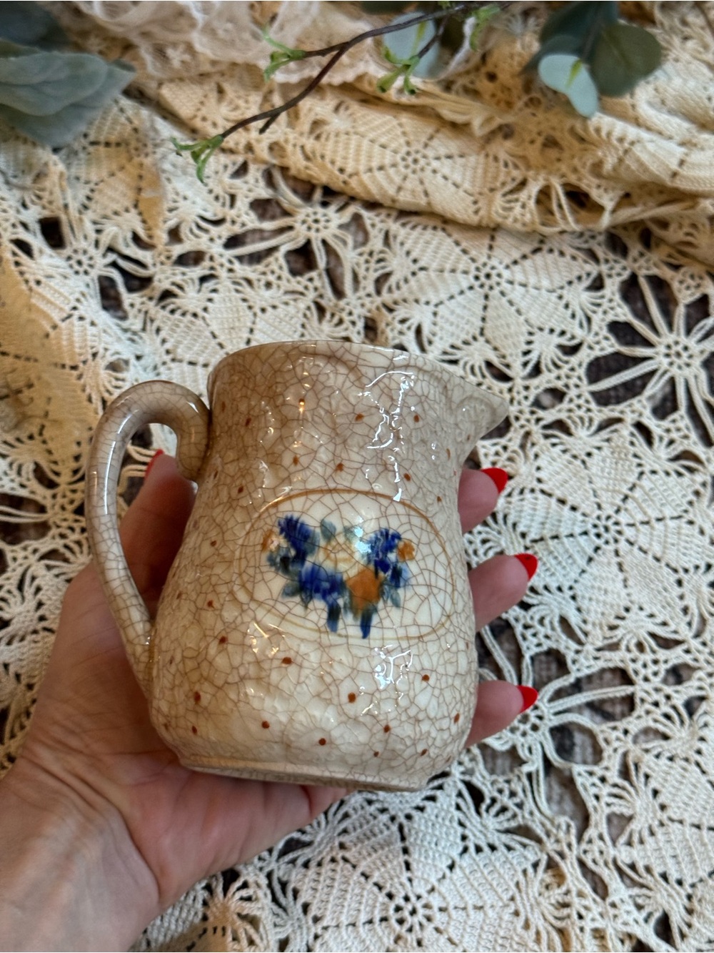 Vintage Cream Crackle Ceramic Creamer with Blue and Gold Floral Detail